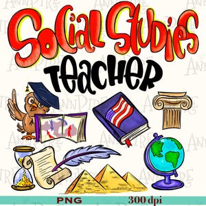 Op de afbeelding: Een kleurrijke illustratie van een geschiedenisleraar met verschillende symbolen van het vak, waaronder een wereldbol, een zandloper, een rol, een pen, een boek met een Amerikaanse vlag, een boek met pijlen, een piramide en een kolom.