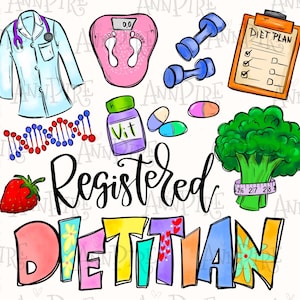 Peut inclure: Une illustration colorée d'un diététiste-nutritionniste agréé. L'image comprend un stéthoscope, une balance, des haltères, un plan alimentaire, une chaîne d'ADN, une bouteille de vitamines, du brocoli, un mètre ruban et une fraise. Le texte "Registered Dietitian" est écrit en grandes lettres colorées.