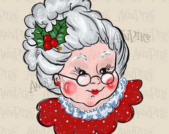 Op de afbeelding: Digitale illustratie van mevrouw Claus. Ze heeft wit haar, een ronde bril en roze wangen. Ze draagt een rode jurk met witte stippen en een wit en blauwe kraag. Een takje hulst met rode bessen siert haar haar.