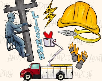 May include: A digital illustration featuring a lineman climbing a utility pole, a red truck, a yellow hard hat, and tools. The word "Lineman" is written in blue. A lightning bolt with a leopard print design is also included.