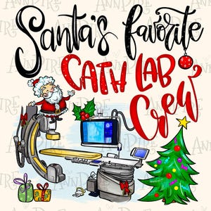 Puede incluir: Una ilustración navideña con un Papá Noel de dibujos animados, un árbol de Navidad decorado y equipo médico. El texto dice "El equipo favorito del laboratorio de cateterismo de Santa".