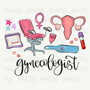 Könnte beinhalten: Digitale Illustration mit medizinischen Symbolen und dem Wort "Gynäkologe". Das Bild enthält einen rosa Untersuchungsstuhl, eine Gebärmutter, einen Kalender, einen Schwangerschaftstest und ein Blutröhrchen. Rosa Blumen und Herzen sind ebenfalls vorhanden.