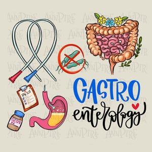 Puede incluir: Ilustración digital con temas médicos. Presenta una representación estilizada del sistema digestivo, herramientas médicas y las palabras "Gastroenterology" en azul y negro. Se incluye un corazón rojo.