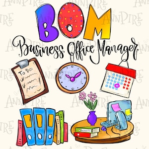 Könnte beinhalten: Eine bunte Illustration des Akronyms "BOM" für "Business Office Manager" mit verschiedenen Büroartikeln, darunter eine To-Do-Liste, eine Uhr, ein Kalender, Ordner, Bücher, ein Computer und eine Vase mit Blumen.