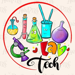 Könnte beinhalten: Eine bunte Illustration von wissenschaftlichen Laborequipment, darunter Bechergläser, Reagenzgläser, ein Mikroskop und ein Messzylinder. Der Text "Lab Tech" ist in einer verspielten Schriftart geschrieben.
