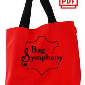 May include: A red tote bag with black handles featuring the text "Bag Symphony" in a stylized font. A PDF icon is in the upper right corner. The bag is designed for carrying items.