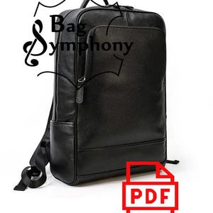 Peut inclure: Sac à dos en cuir noir avec une poche zippée à l'avant et le texte "Bag Symphony" en haut. Une icône PDF rouge se trouve dans le coin inférieur droit de l'image.