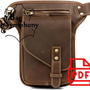 May include: A brown leather thigh bag with a zippered pocket and a flap closure. The bag has a strap that goes around the waist and a buckle closure. The bag is made of genuine leather and has a distressed look. The bag is labeled "Bag Symphony" and has a PDF icon.