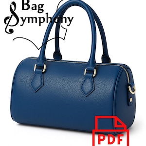 May include: A navy blue, cylindrical handbag with gold-coloured hardware and handles. The bag has a zip closure and a textured surface. The text "Bag Symphony" is in the upper left corner, and a PDF icon is in the lower right.