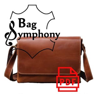 May include: Brown leather messenger bag with a flap closure and adjustable shoulder strap. The bag has a PDF download icon on the front, indicating a digital pattern for making a similar bag. The text "Bag Symphony" is visible in the top left corner.