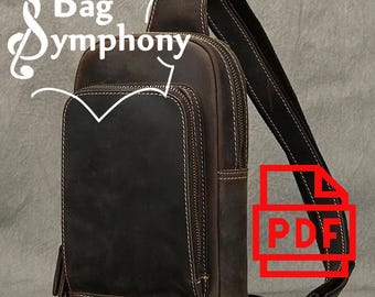 May include: A brown leather sling bag with a front pocket and a zip closure. The bag has a shoulder strap and a buckle. The text "Bag Symphony" is visible on the top left of the bag.