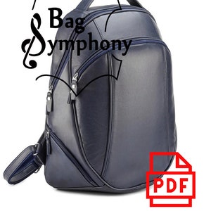 以下が含まれることがあります： シングルトップハンドルと調節可能なストラップが付いたダークブルーの革製バックパック。バックパックは湾曲したデザインで、複数のポケットがあります。画像の左上隅に「Bag Symphony」というテキストが表示されています。