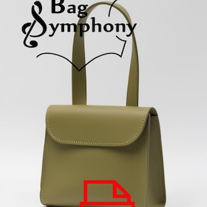 May include: A sage green handbag with a top handle and a flap closure. The bag has the text "Bag Symphony" in a stylized font. A red PDF icon is in the lower part of the image.
