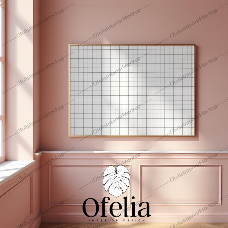 May include: A large, empty, white framed picture hanging on a pink wall with white trim. The frame is made of a thin, gold metal. The wall is painted a light pink color. The trim is white and has a slight raised edge. The picture is hanging in a room with a window to the left of the picture. The window is covered with a white curtain. The floor is made of wood. The picture is a grid pattern. The picture is a mockup for a product.