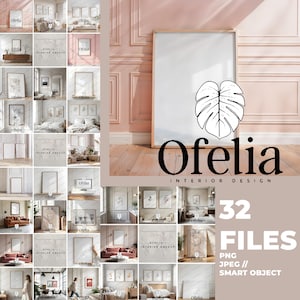 Può includere: Un set di 32 mockup di interior design con varie cornici e opere d'arte in una stanza rosa chiaro con una grande finestra. Le cornici sono vuote e pronte per i tuoi progetti. I mockup sono perfetti per mostrare le tue opere d'arte, le tue fotografie o altri progetti creativi.