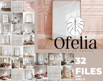 May include: A set of 32 interior design mockups featuring various frames and artwork in a light pink room with a large window. The frames are empty and ready for your own designs. The mockups are perfect for showcasing your artwork, photography, or other creative projects.