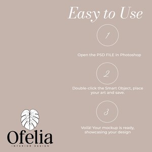 May include: A graphic showing how to use a Photoshop mockup template. The steps are numbered 1, 2, and 3. The text says "Easy to Use" and "Open the PSD FILE in Photoshop", "Double-click the Smart Object, place your art and save", and "Voil&agrave;! Your mockup is ready, showcasing your design".