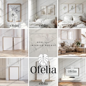 Puede incluir: Imágenes de maquetas de diseño de interiores con obras de arte enmarcadas y el texto "Ofelia Interior Design" en una habitación blanca con paredes blancas y un suelo de madera.