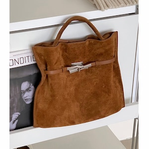 Suede Tote Bag, Minimal Top Handle Bag, Women&#39;s Suede Leather Handbag, Suede Leather Totes, Crossbody Bag
