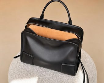 Leather Handbag, Minimal Tote Bag, Women's Top Handle Bag, Elegant Leather Shoulder Bag