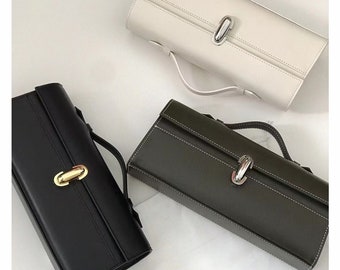 Elegant Leather Clutch Bag, Lady's Evening Bag, Luxury Shoulder Bag, Top Handle Leather Bag