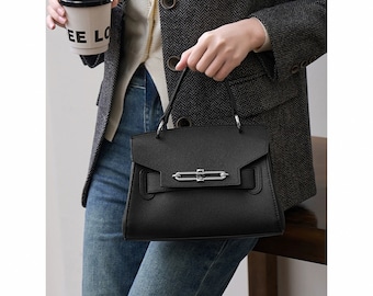Elegant Leather Top Handle Bag, Women&#39;s Handbag, Minimalist Shoulder Bag, Crossbody Bag