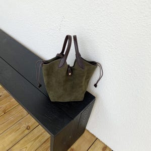 Large Suede Tote Bag, Minimal Suede Bucket Bag, Women&#39;s Suede Leather Handbag, Brown Suede Leather Shoulder Bag
