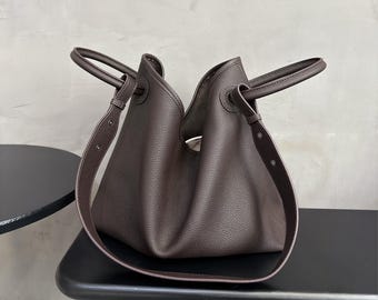 Minimal Leather Tote Bag, Leather Handbag, Women's Top Handle Bag, Elegant Leather Shoulder Bag