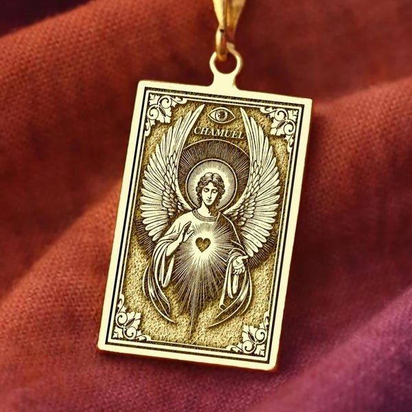 14K Gold Archangel Chamuel Pendant: 925K Silver Angel of Love Necklace