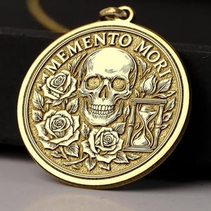 14K Gold Memento Mori Halskette - Stoischer Schädelanhänger mit Rosen und Sanduhr, 925K Silber Erinnerung an die Sterblichkeit, Leben & Tod Talisman