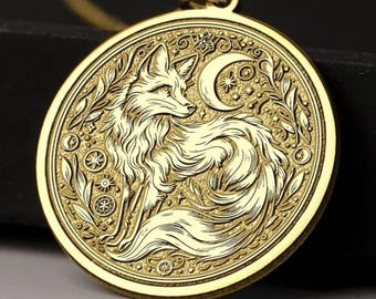 14K Gold Moon Fox Pendant: Mystical Spirit Animal Necklace