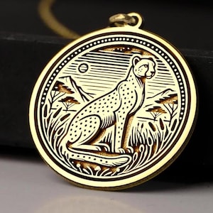 14K Gold Cheetah Necklace - Speed & Strength Medallion - Hand Engraved Safari Pendant, Big Cat Lover Gift, African Totem Amulet