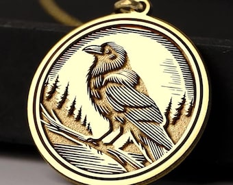 Collar de cuervo de oro de 14 quilates: colgante de cuervo grabado a mano, amuleto místico