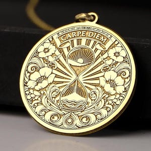 14K Gold Carpe Diem Necklace - Seize the Day Medallion - Precision Engraved Hourglass Pendant, Meaningful Motivational Jewelry Gift