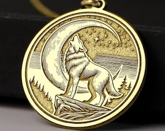 14K Gold Moon Wolf Pendant: Sterling Silver Howling Wolf Necklace