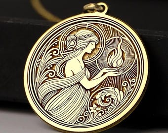 14K Gold Hestia Necklace: Greek Goddess Pendant, Esoteric Jewelry