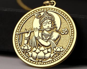14K Gold Lord Krishna Necklace - Hindu God of Love, Devotion & Harmony, Flute Pendant, 925K Silver Spiritual Yoga Meditation Jewelry Gift