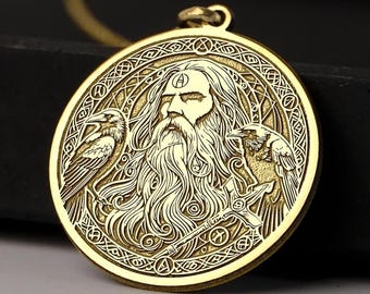 14K Gold Odin Necklace: Sterling Silver Norse Raven Pendant