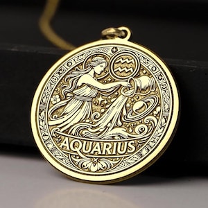 14K Gold Aquarius Zodiac Pendant - Water Bearer Necklace -925K Silver Aquarius Medallion, Astrology Jewelry Gift for Visionary & Free Spirit
