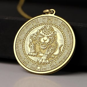 14K Gold Aztec Jaguar Necklace - Tribal Protection Symbol, 925K Silver Jaguar Pendant, Spiritual Totem Animal Jewelry, Unique Gift Idea
