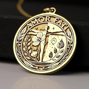 14K gouden Amor Fati-ketting - stoïcijnse filosofie medaillon - precisie gegraveerde hanger lotacceptatie, zinvolle motiverende sieraden