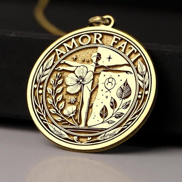 14K Gold Amor Fati Medallion Necklace: Stoic Philosophy Pendant