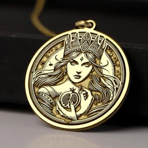 14K Gold Persephone Pendant - Queen of the Underworld - 925K Silver Goddess Necklace, Mythology Jewelry, Pomegranate Symbol Amulet Gift
