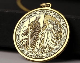 14K Gold Hades Persephone Necklace: Greek Mythology Pendant