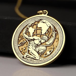 14K Gold Atlas Necklace - Titan Who Holds the Sky - Precision Engraved Greek Mythology Medallion, Strength & Endurance Pendant Gift
