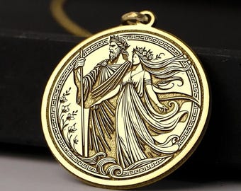 14K Gold Hades & Persephone Necklace: Greek Mythology Pendant