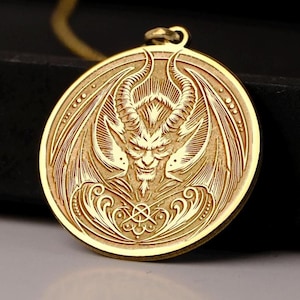 14K Gold Luzifer Halskette - Symbol der Rebellion & Erleuchtung - Dämon - Teufel, Alchemistischer Schwefel Anhänger, Teufel Halskette, Dunkles Geschenk
