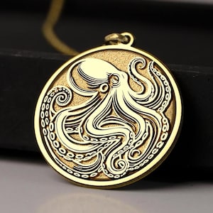 14K Gold Octopus Necklace - Mystical Sea Creature Pendant - Hand Engraved Ocean Medallion, Nautical Jewelry, Symbol of Intelligence & Power