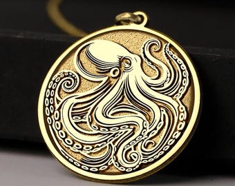 14K Gold Octopus Necklace: Hand-Engraved Nautical Medallion