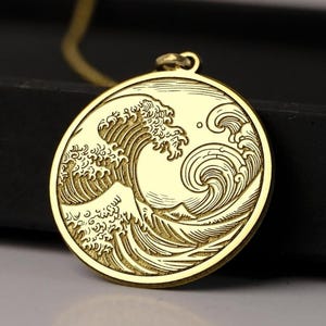 14K Gold Ocean Wave Necklace - Great Wave Pendant, 925K Silver Japanese Sea Jewelry, Nature Power Amulet for Surfers & Sea Lovers